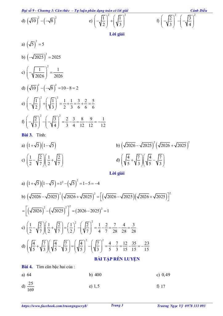 tự luận và trắc nghiệm căn thức toán 9 cánh diều 9