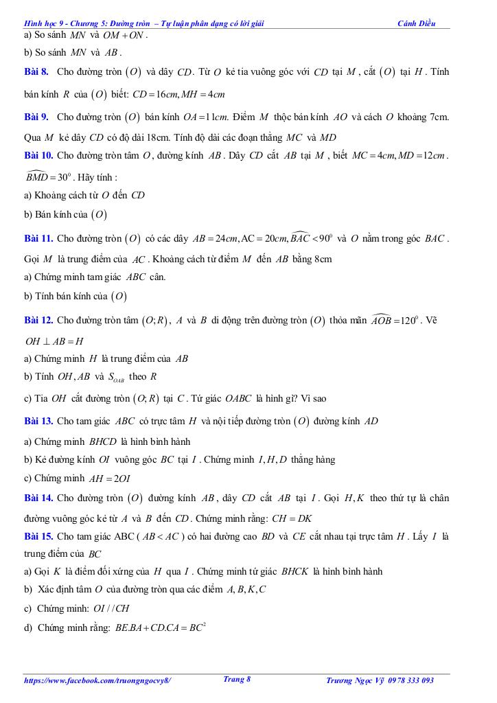 tự luận và trắc nghiệm đường tròn toán 9 cánh diều 7