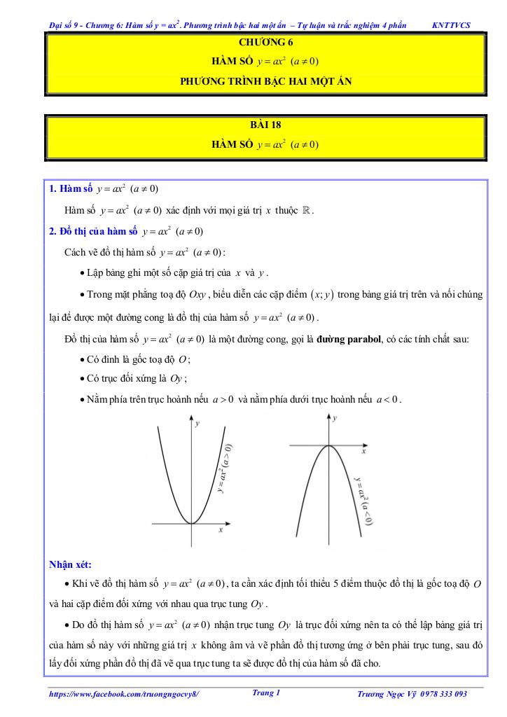 tự luận và trắc nghiệm hàm số y = ax2 (a ≠ 0), phương trình bậc hai một ẩn toán 9 knttvcs - hình 1