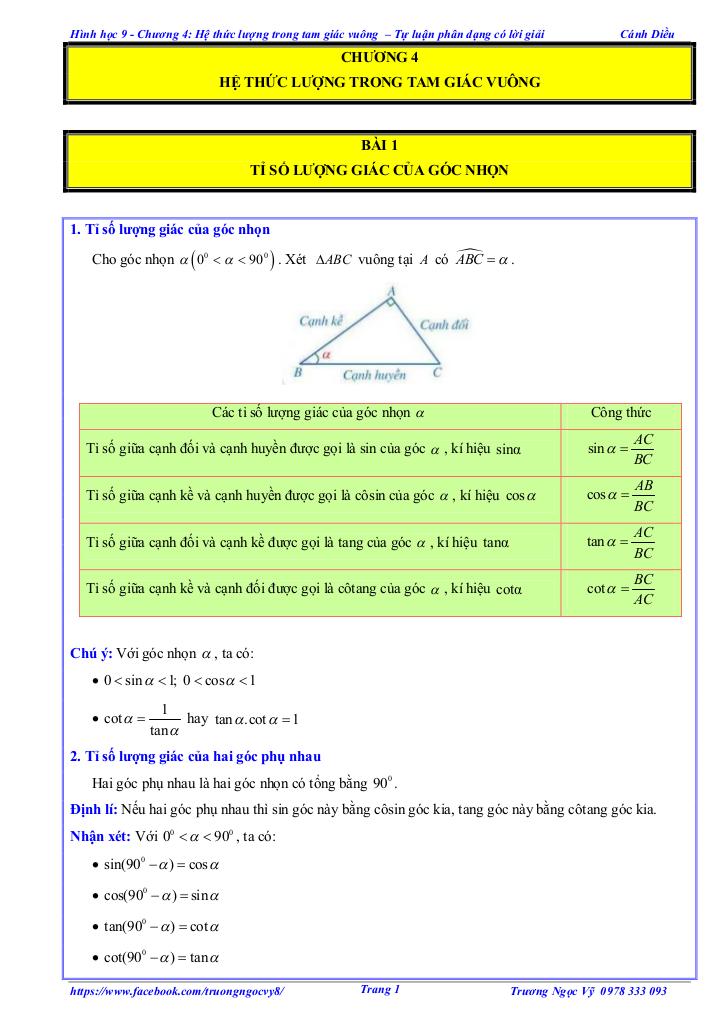 tự luận và trắc nghiệm hệ thức lượng trong tam giác vuông toán 9 cánh diều 0