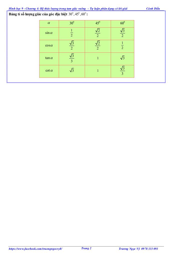 tự luận và trắc nghiệm hệ thức lượng trong tam giác vuông toán 9 cánh diều 1