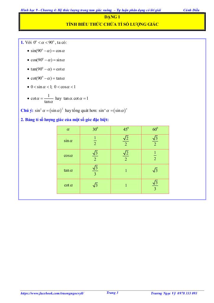 tự luận và trắc nghiệm hệ thức lượng trong tam giác vuông toán 9 cánh diều 2