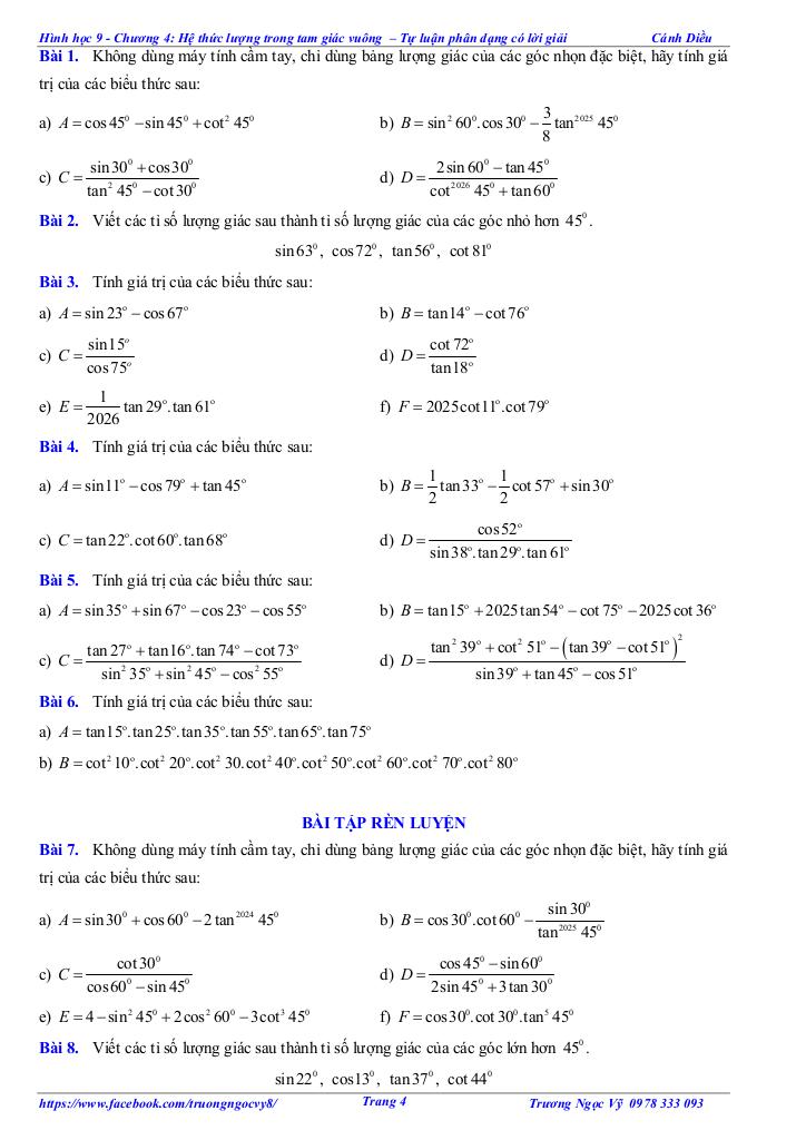 tự luận và trắc nghiệm hệ thức lượng trong tam giác vuông toán 9 cánh diều 3