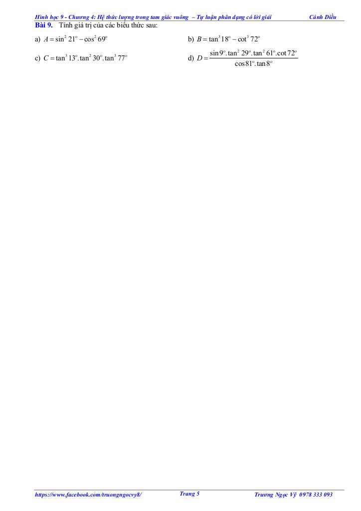 tự luận và trắc nghiệm hệ thức lượng trong tam giác vuông toán 9 cánh diều 4