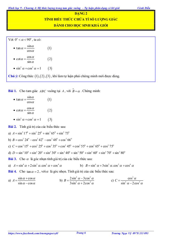 tự luận và trắc nghiệm hệ thức lượng trong tam giác vuông toán 9 cánh diều 5