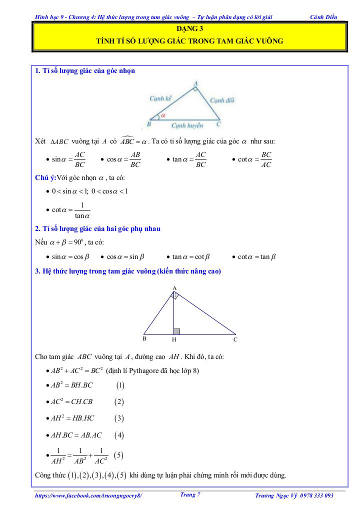 tự luận và trắc nghiệm hệ thức lượng trong tam giác vuông toán 9 cánh diều 6