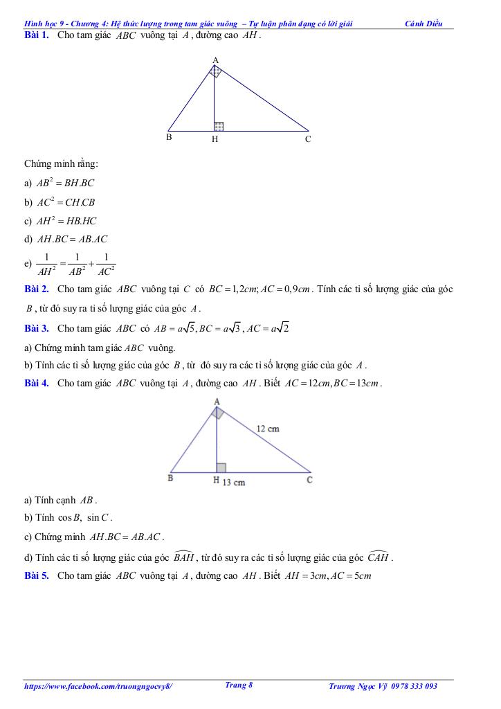 tự luận và trắc nghiệm hệ thức lượng trong tam giác vuông toán 9 cánh diều 7
