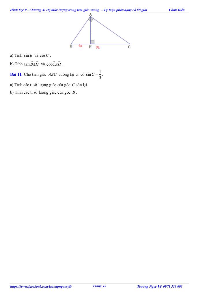 tự luận và trắc nghiệm hệ thức lượng trong tam giác vuông toán 9 cánh diều 9