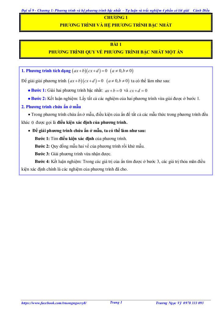 tự luận và trắc nghiệm phương trình và hệ phương trình bậc nhất toán 9 cánh diều 0
