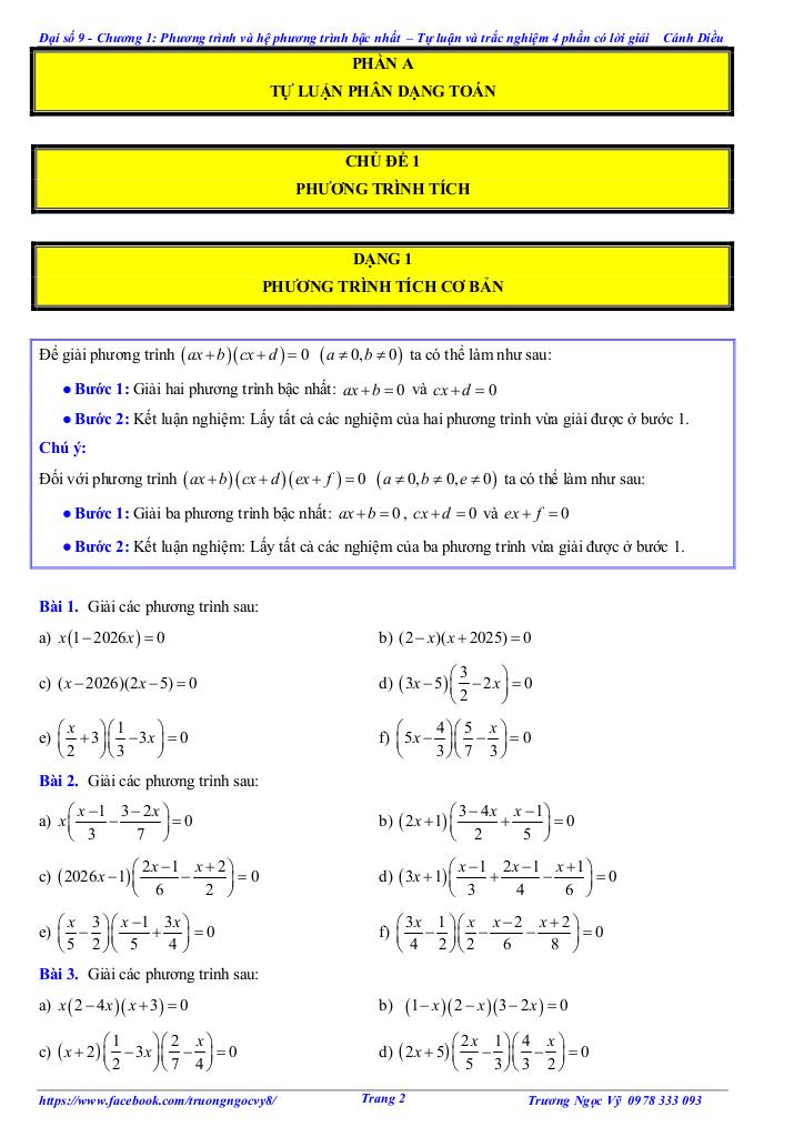 tự luận và trắc nghiệm phương trình và hệ phương trình bậc nhất toán 9 cánh diều 1