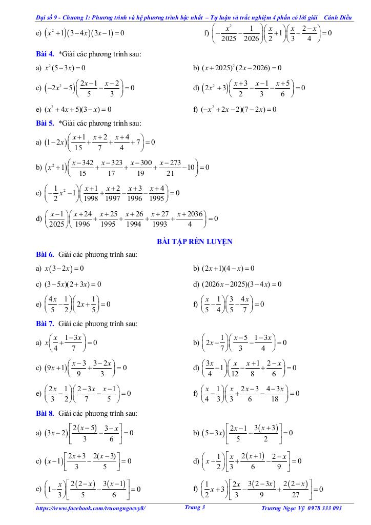tự luận và trắc nghiệm phương trình và hệ phương trình bậc nhất toán 9 cánh diều 2