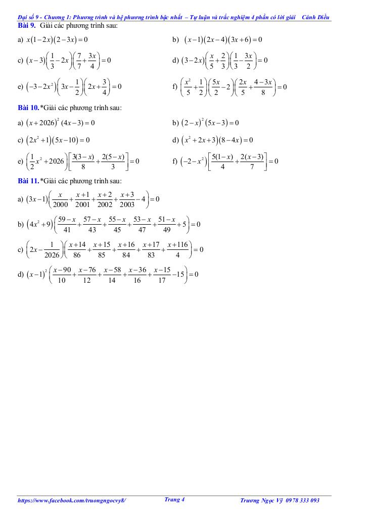tự luận và trắc nghiệm phương trình và hệ phương trình bậc nhất toán 9 cánh diều 3