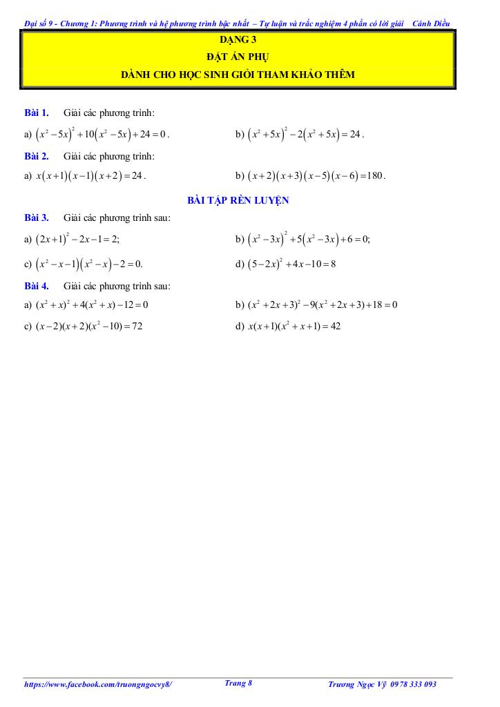 tự luận và trắc nghiệm phương trình và hệ phương trình bậc nhất toán 9 cánh diều 7