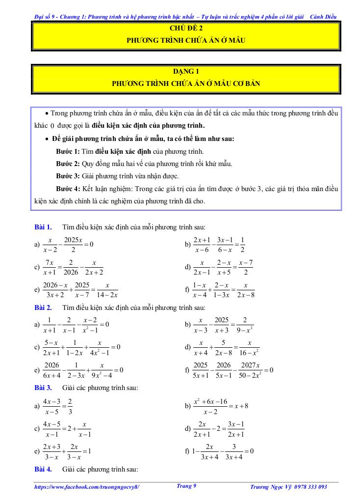 tự luận và trắc nghiệm phương trình và hệ phương trình bậc nhất toán 9 cánh diều 8