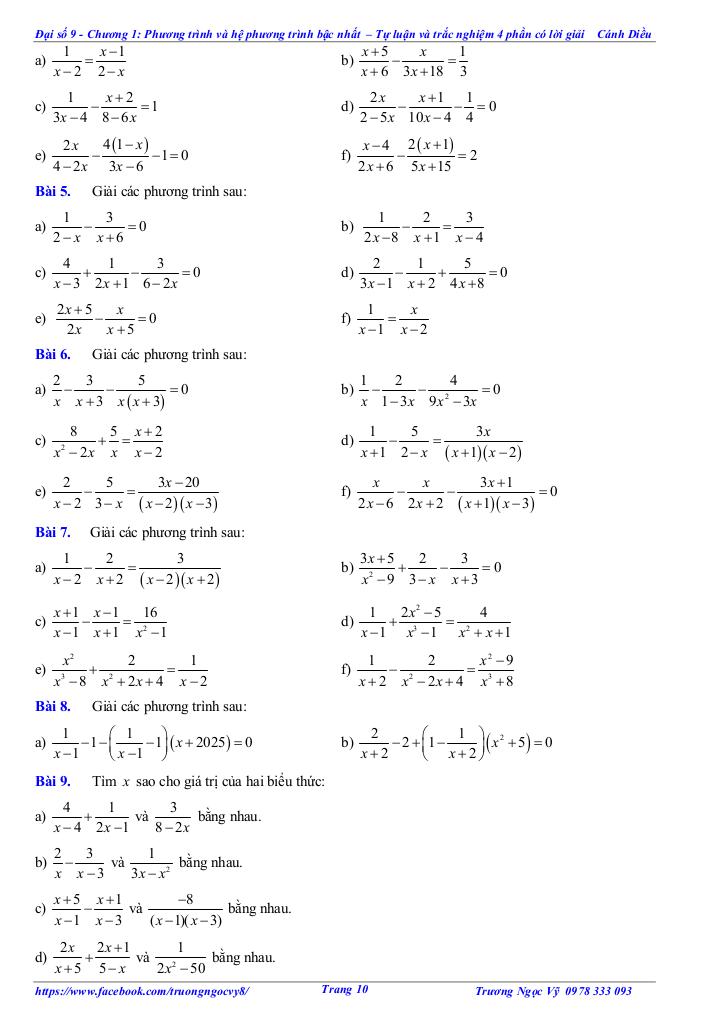 tự luận và trắc nghiệm phương trình và hệ phương trình bậc nhất toán 9 cánh diều 9