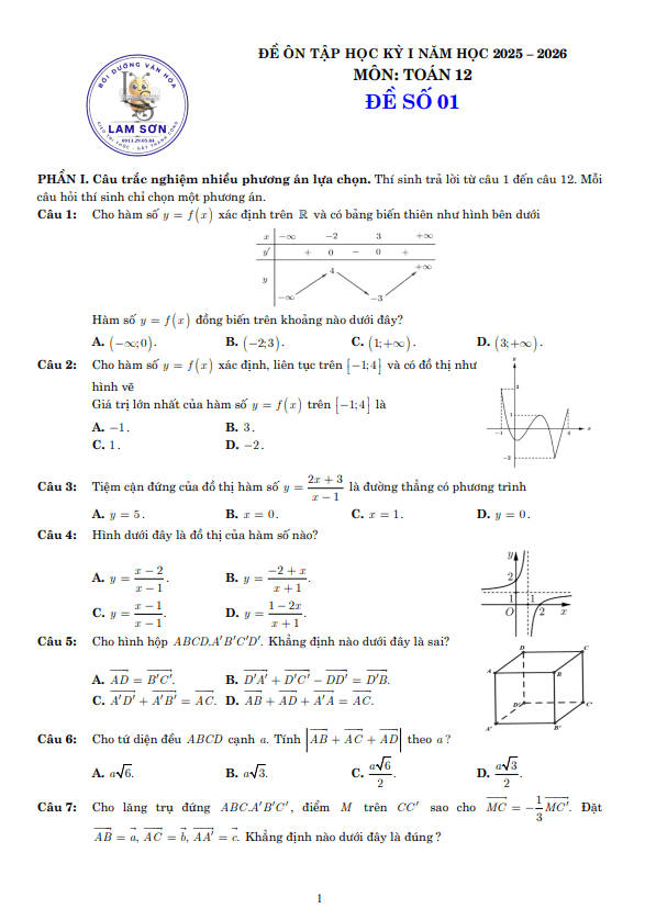 05 đề ôn tập cuối kỳ 1 toán 12 năm học 2025 – 2026 cấu trúc 3-2-2-3
