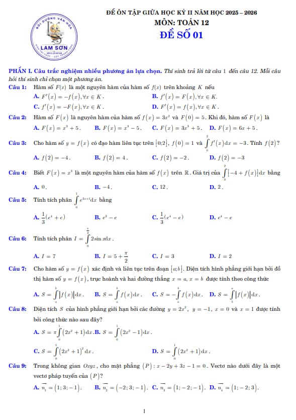 05 đề ôn tập giữa học kỳ 2 môn toán 12 năm 2025 – 2026 có đáp án và lời giải