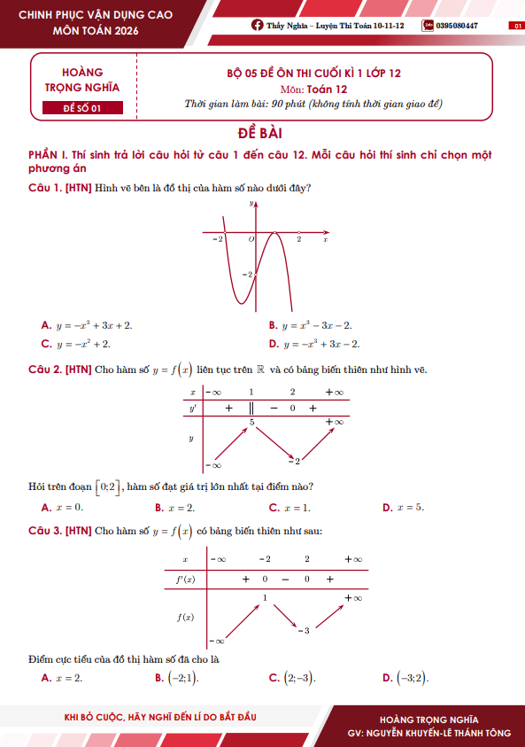 05 đề ôn thi cuối học kì 1 toán 12 năm 2025 – 2026 – hoàng trọng nghĩa