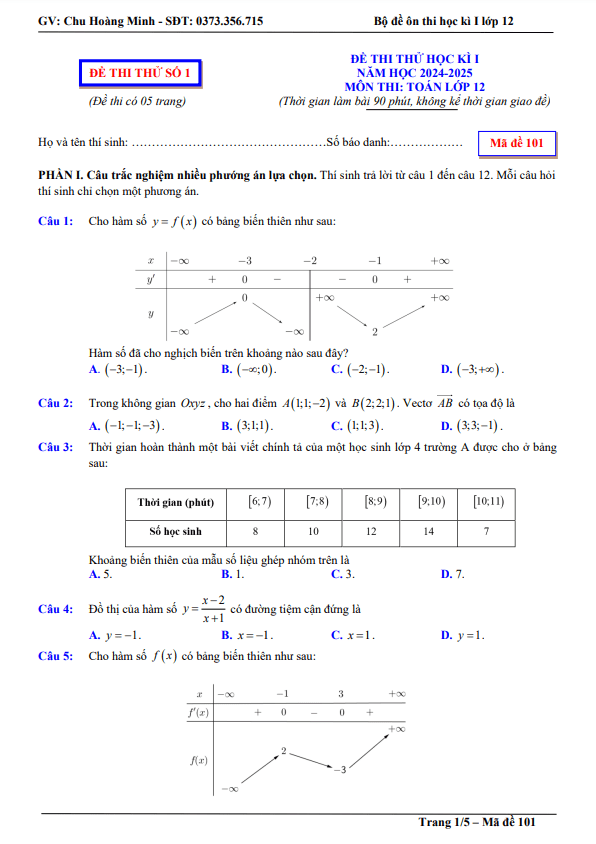 05 đề thi thử cuối học kì 1 toán 12 năm 2024 – 2025 có lời giải chi tiết