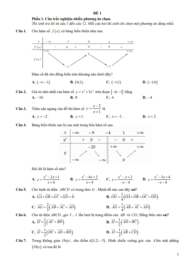 10 đề kiểm tra cuối học kỳ 1 môn toán 12 định dạng trắc nghiệm 2025