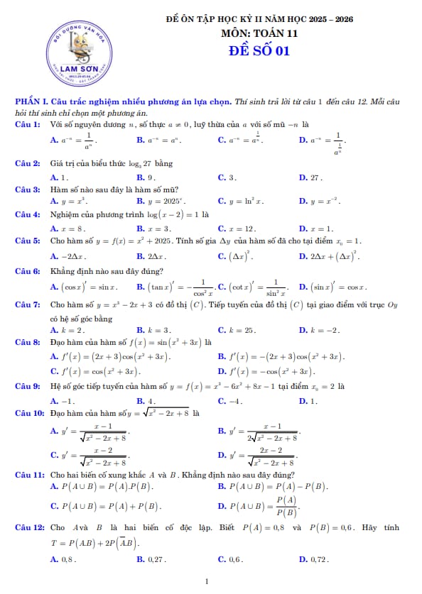 10 đề ôn tập cuối học kỳ 2 toán 11 năm 2025 – 2026 cấu trúc 3-2-2-3
