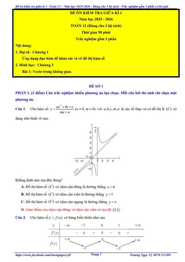 10 đề ôn tập giữa kì 1 toán 12 năm học 2025 – 2026 – trương ngọc vỹ