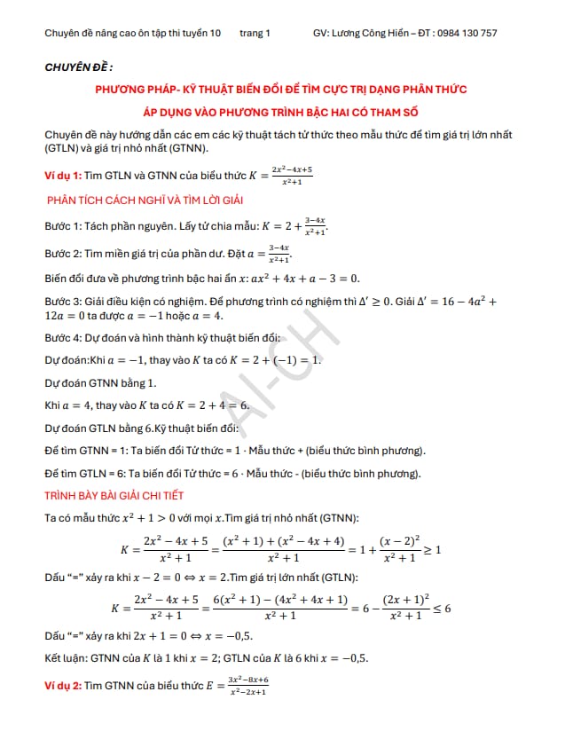 biến đổi để tìm cực trị dạng phân thức, áp dụng vào phương trình bậc hai có tham số