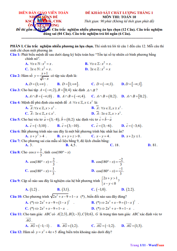 bộ đề khảo sát chất lượng tháng 1 toán 10 có đáp án và lời giải
