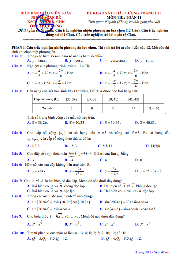 bộ đề khảo sát chất lượng tháng 1 toán 11 có đáp án và lời giải