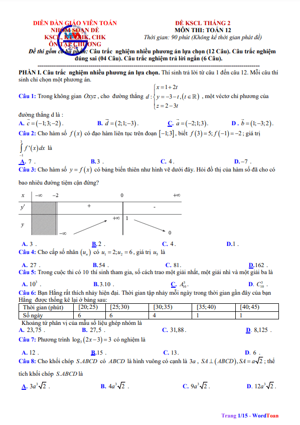 bộ đề khảo sát chất lượng tháng 2 toán 12 có đáp án và lời giải