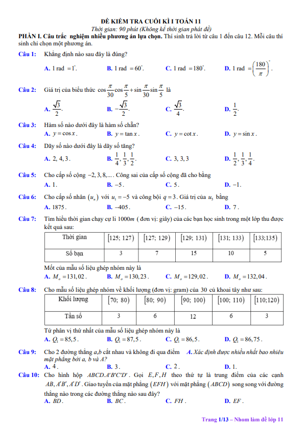 bộ đề kiểm tra cuối học kì 1 toán 11 cấu trúc trắc nghiệm mới