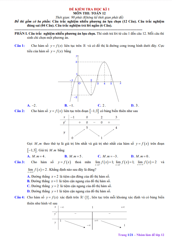 bộ đề kiểm tra cuối học kì 1 toán 12 cấu trúc trắc nghiệm mới