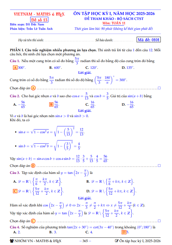 bộ đề tham khảo ôn tập học kỳ 1 toán 11 sách ctst năm học 2025 – 2026