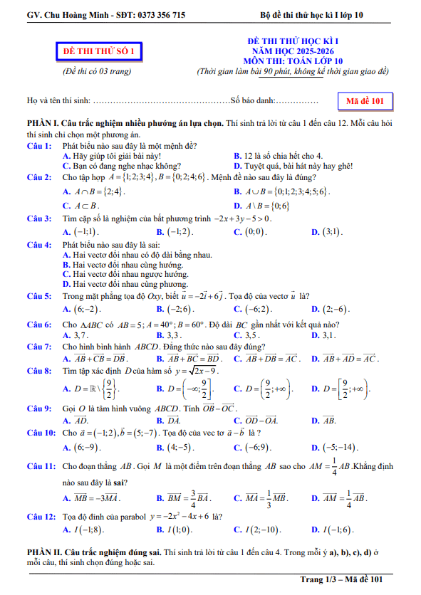 bộ đề thi thử cuối học kì 1 toán 10 năm học 2025 – 2026 – chu hoàng minh