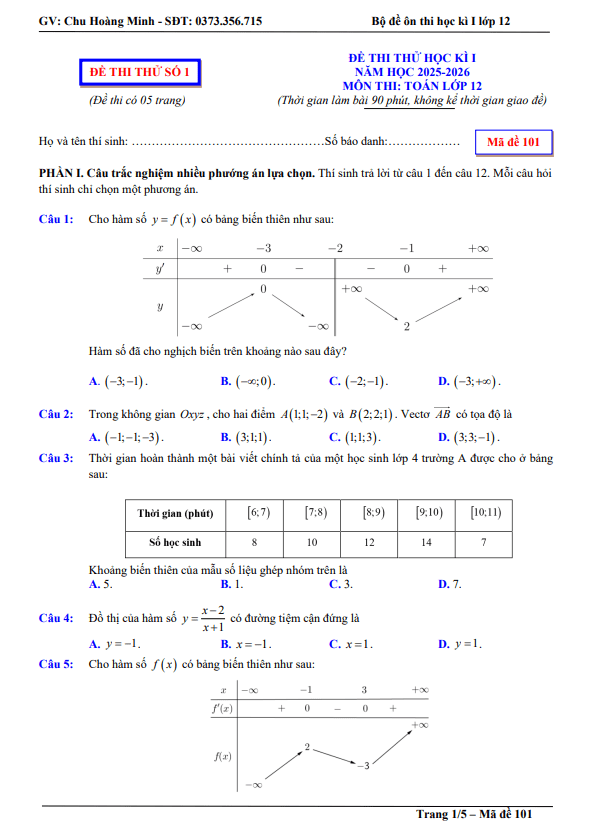 bộ đề thi thử cuối học kì 1 toán 12 năm học 2025 – 2026 – chu hoàng minh