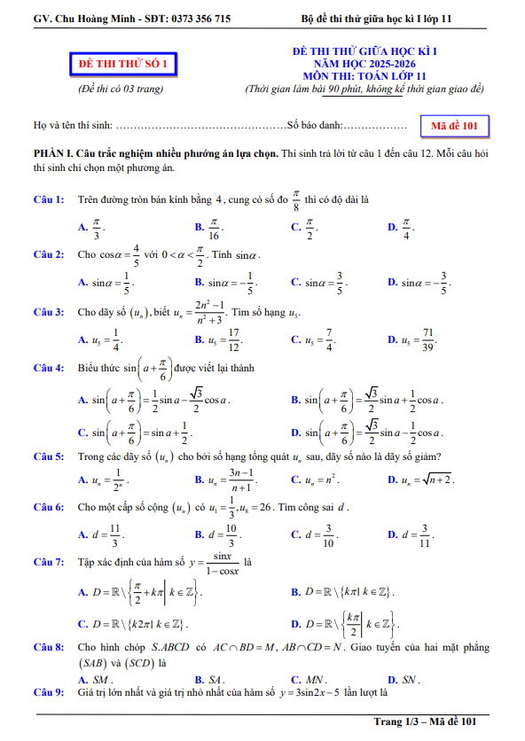 bộ đề thi thử giữa học kì 1 toán 11 năm học 2025 – 2026 – chu hoàng minh