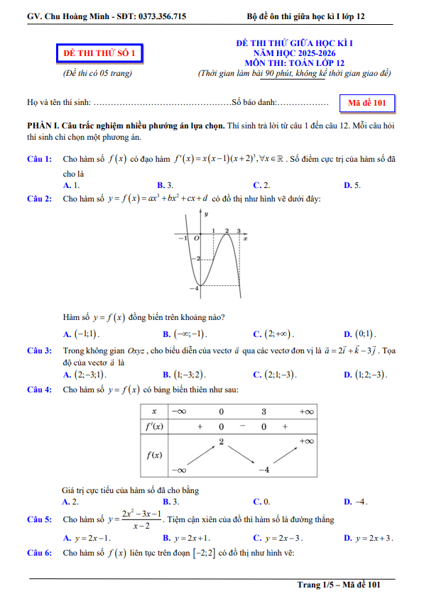 bộ đề thi thử giữa học kì 1 toán 12 năm học 2025 – 2026 – chu hoàng minh
