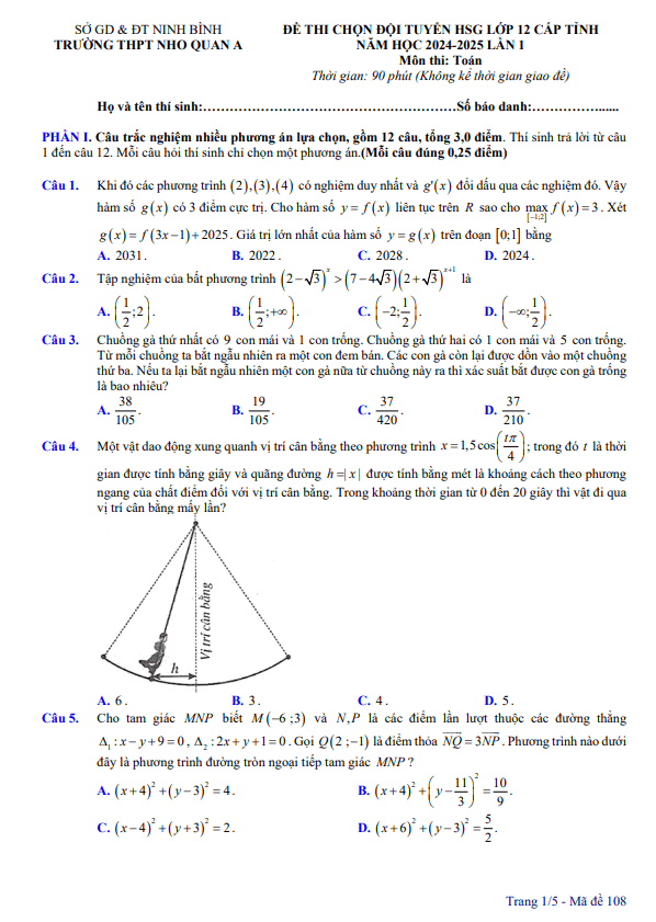 đề chọn đội tuyển hsg toán 12 lần 1 năm 2024 – 2025 trường nho quan a – ninh bình