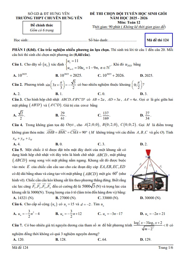 đề chọn đội tuyển hsg toán 12 năm 2025 – 2026 trường thpt chuyên hưng yên