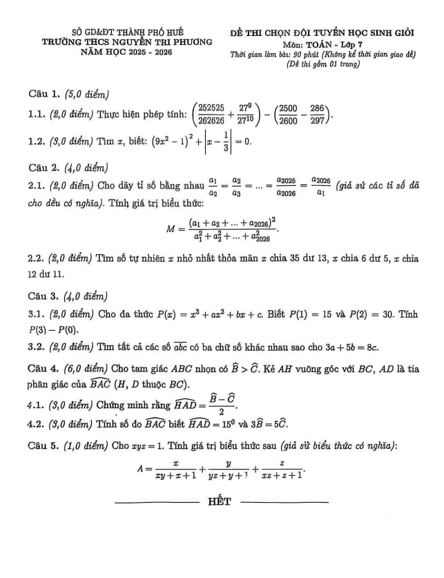 đề chọn đội tuyển hsg toán 7 năm 2025 – 2026 trường thcs nguyễn tri phương – huế
