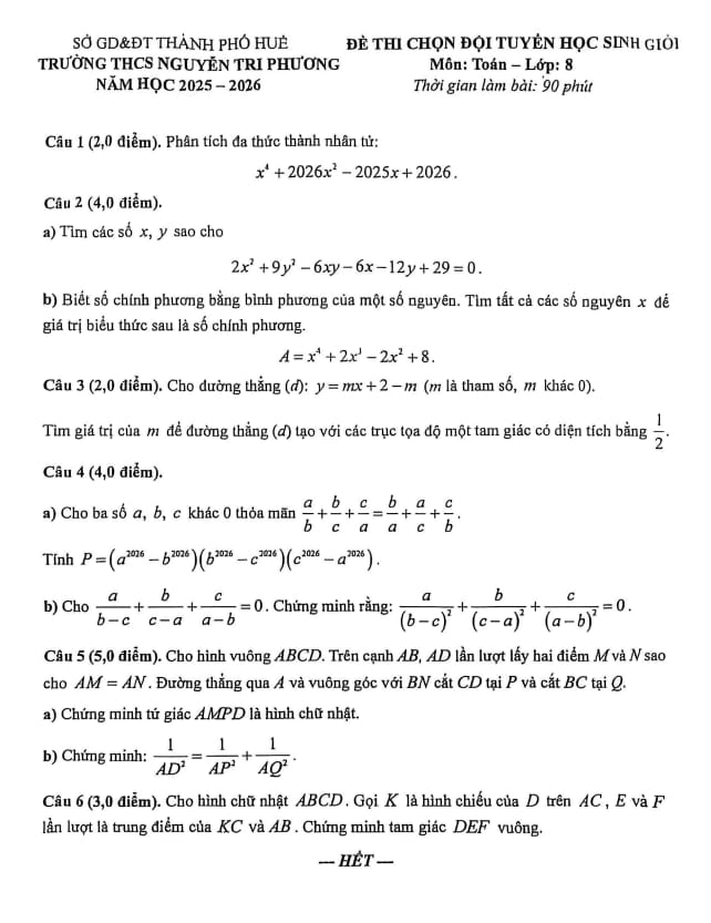 đề chọn đội tuyển hsg toán 8 năm 2025 – 2026 trường thcs nguyễn tri phương – huế