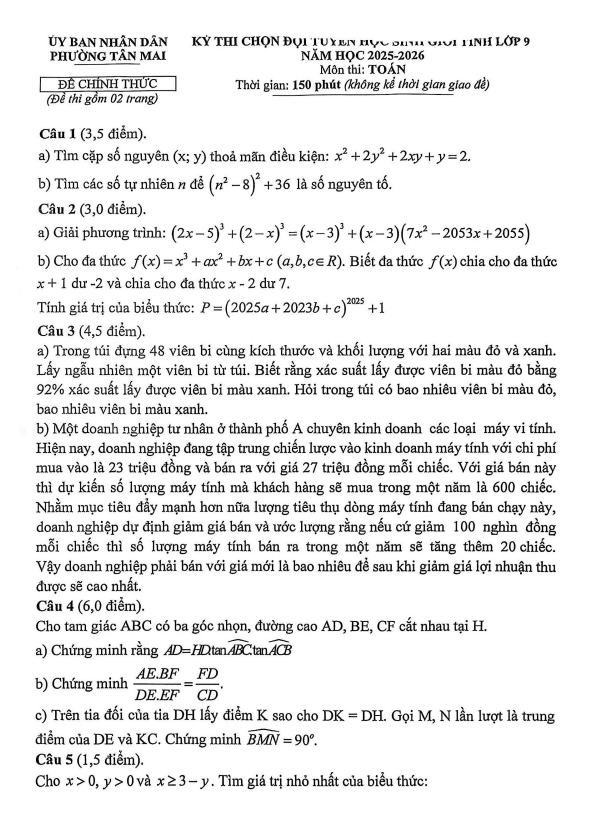 đề chọn đội tuyển hsg toán 9 năm 2025 – 2026 phường tân mai – nghệ an