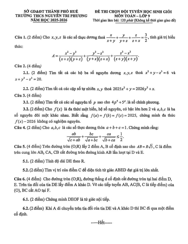 đề chọn đội tuyển hsg toán 9 năm 2025 – 2026 trường thcs nguyễn tri phương – huế
