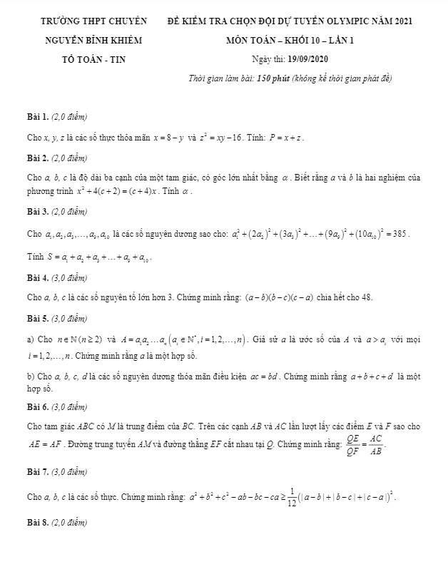 đề chọn đội tuyển olympic 2021 toán 10 lần 1 trường chuyên nguyễn bỉnh khiêm – quảng nam