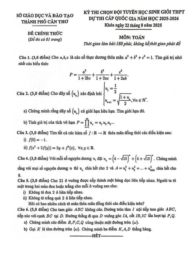 đề chọn đội tuyển thi hsg qg môn toán thpt năm 2025 – 2026 sở gd&đt cần thơ