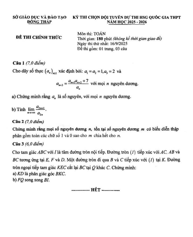 đề chọn đội tuyển thi hsg qg môn toán thpt năm 2025 – 2026 sở gd&đt đồng tháp