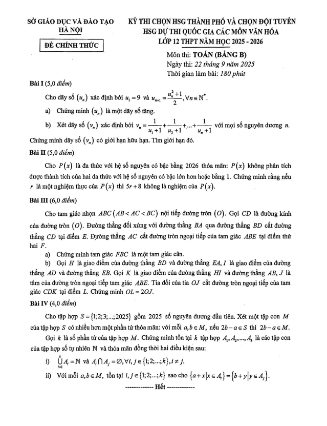 đề chọn đội tuyển thi hsg qg môn toán thpt năm 2025 – 2026 sở gd&đt hà nội