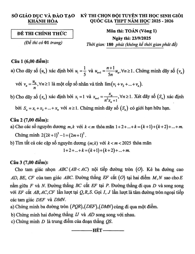 đề chọn đội tuyển thi hsg qg môn toán thpt năm 2025 – 2026 sở gd&đt khánh hòa