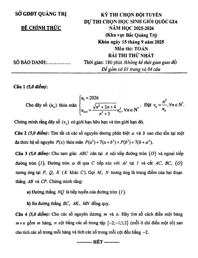đề chọn đội tuyển thi hsg qg môn toán thpt năm 2025 – 2026 sở gd&đt quảng trị