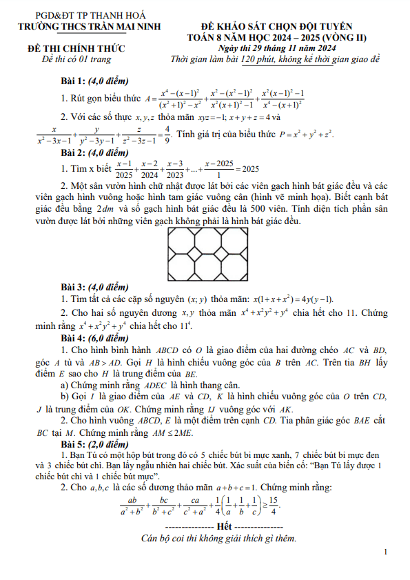 đề chọn đội tuyển toán 8 vòng 2 năm 2024 – 2025 trường thcs trần mai ninh – thanh hóa